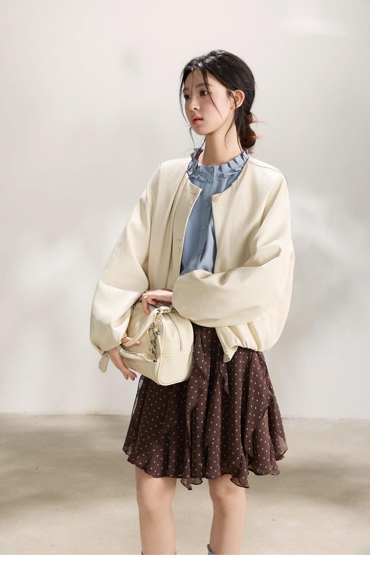 MISHOW Imitation Protein Skin Leather Jacket Ruffled Collar Button-Up MXF108W1019