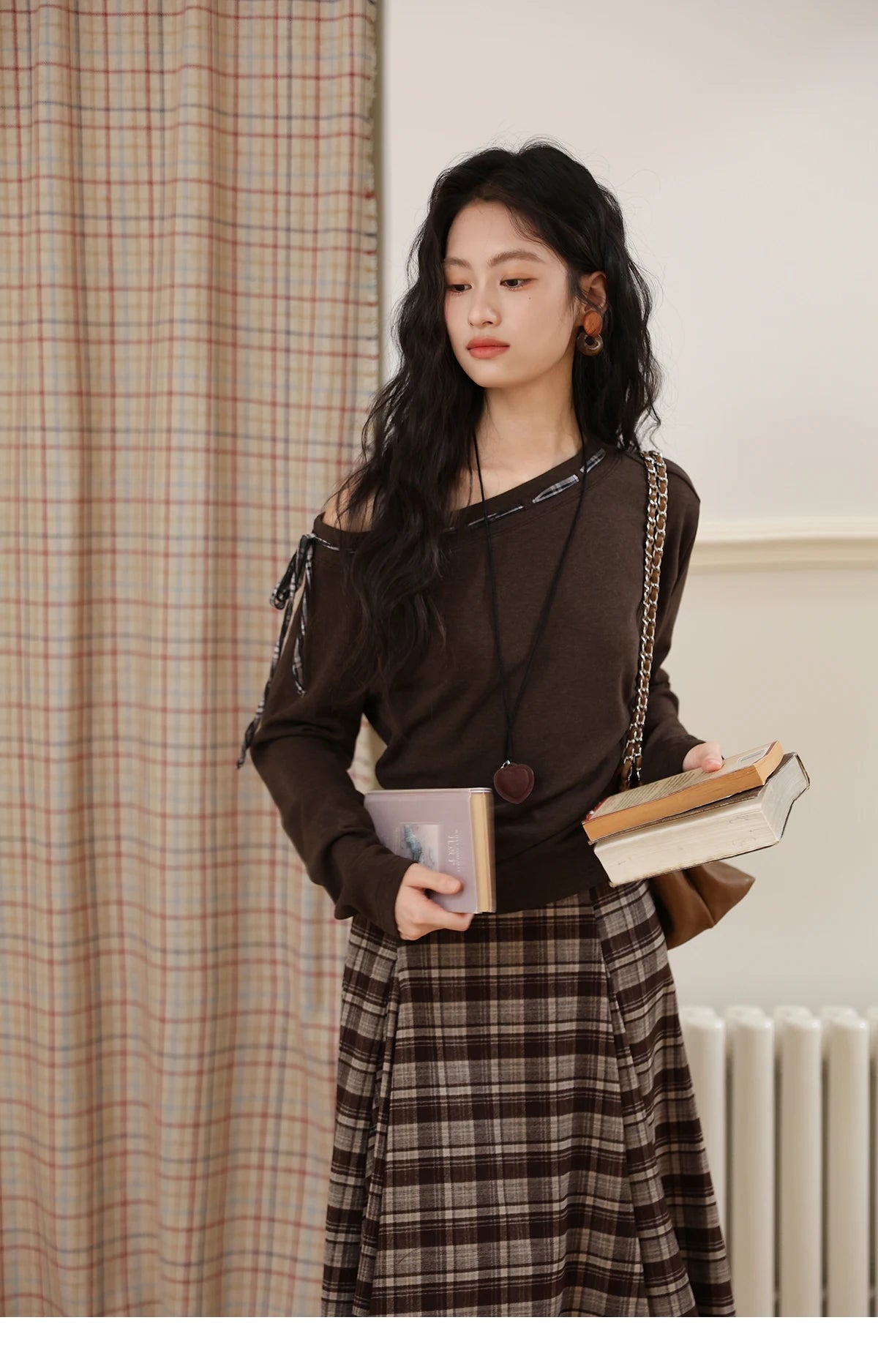 Mishow Slant Shoulder Dark Brown Strap Knit Top MXE45T1402