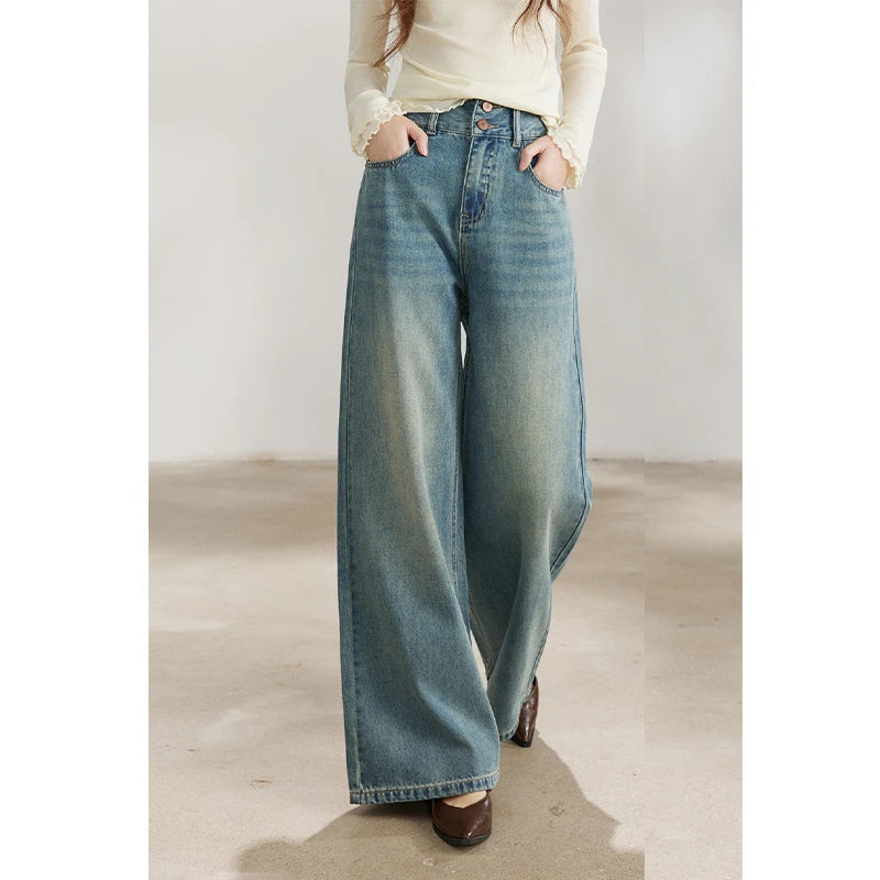 Mishow Vintage Blue Two-Button Wide Leg Jeans MXF108K1005