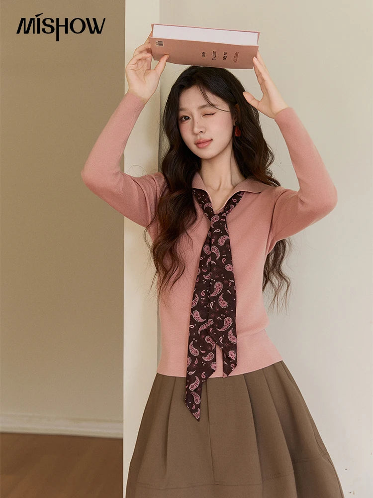 Mishow Pink Polo Neck Detachable Scarf Sweater MXF108Z1032