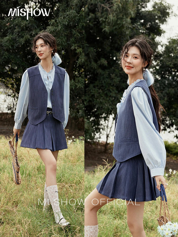 Mishow V-Neck Vest Coat & Pleated A-Line Skirt Set MXE31T0505