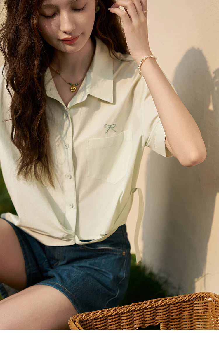 MISHOW Same Color Bow Embroidered Shirt Asymmetric Hem MXD23C0257