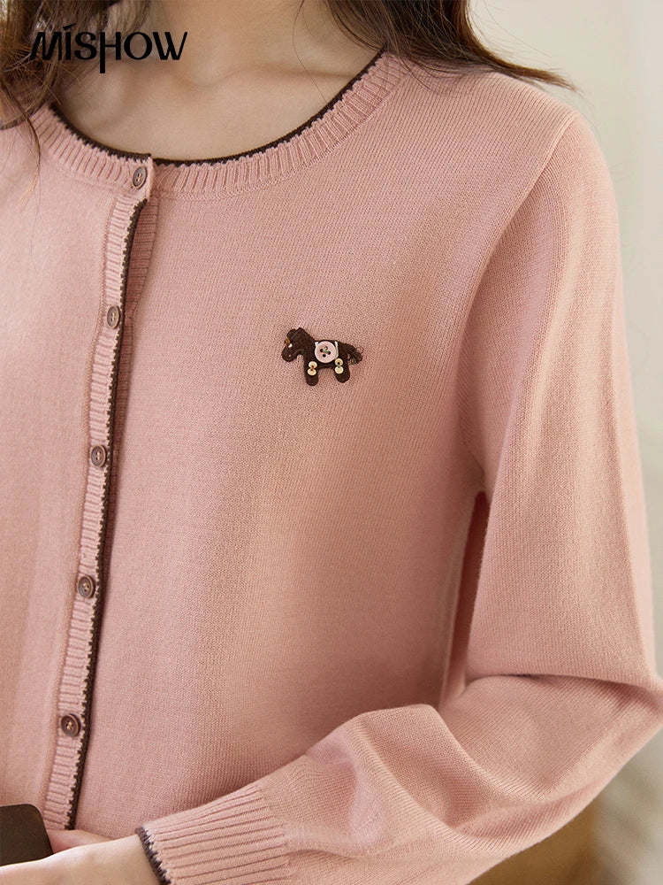 Mishow Pink Contrast Trim Pony Decoration Cardigan MXF108Z1023
