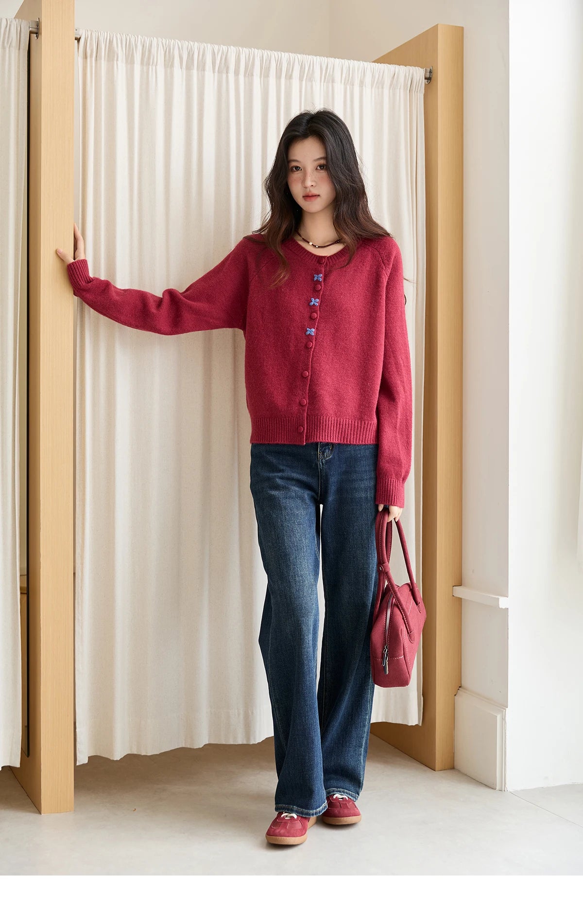 Mishow Red Round Neck Embroidered Cardigan MXE47Z2621