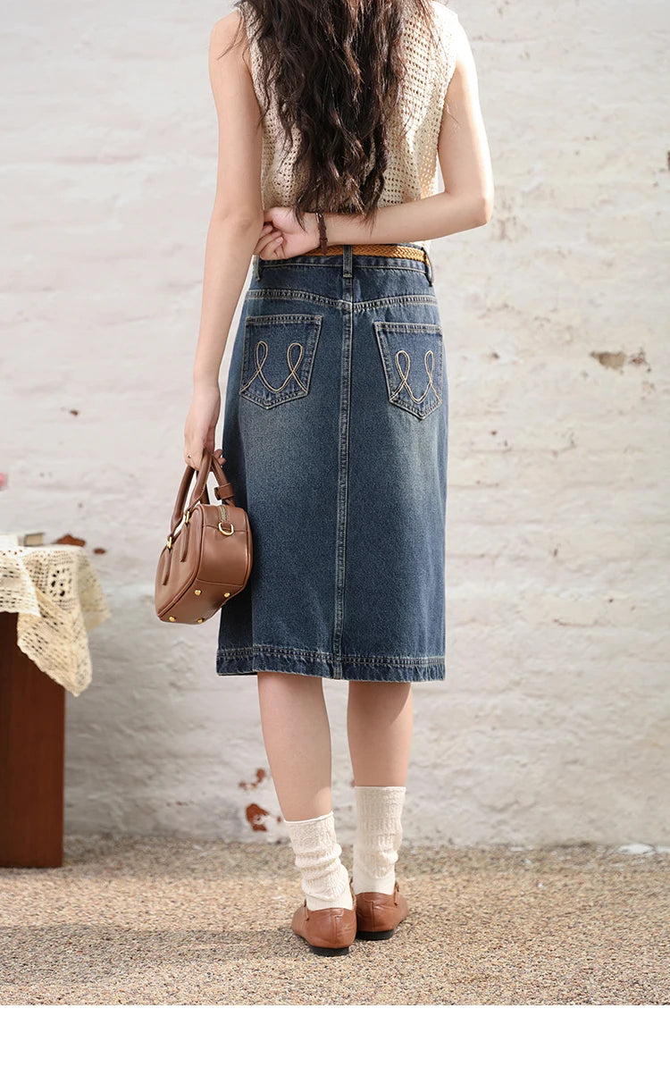 MISHOW Denim Fishtail Skirt Love Embroidered Pockets A-Line MXD28B0414