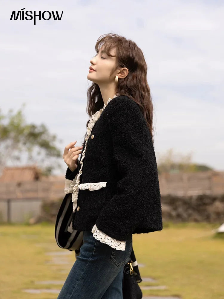 MISHOW Wool Coat Lace Splicing Lamb Wool Button Pockets MXB43W0720
