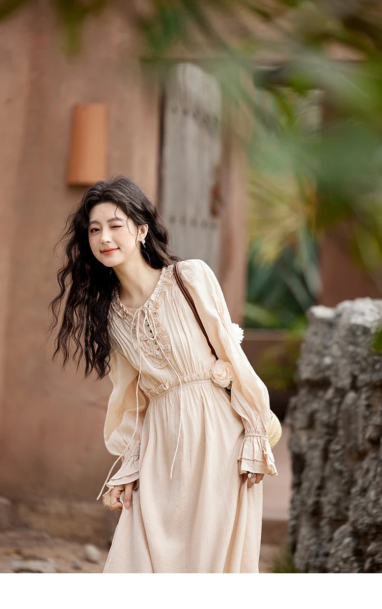 Mishow Pink Fungus Edge V-Neck Lace-Up Dress MXE11L2087