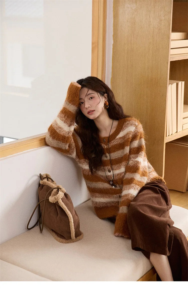 Mishow Retro Striped Round Neck Wool Cardigan MXE87Z2723