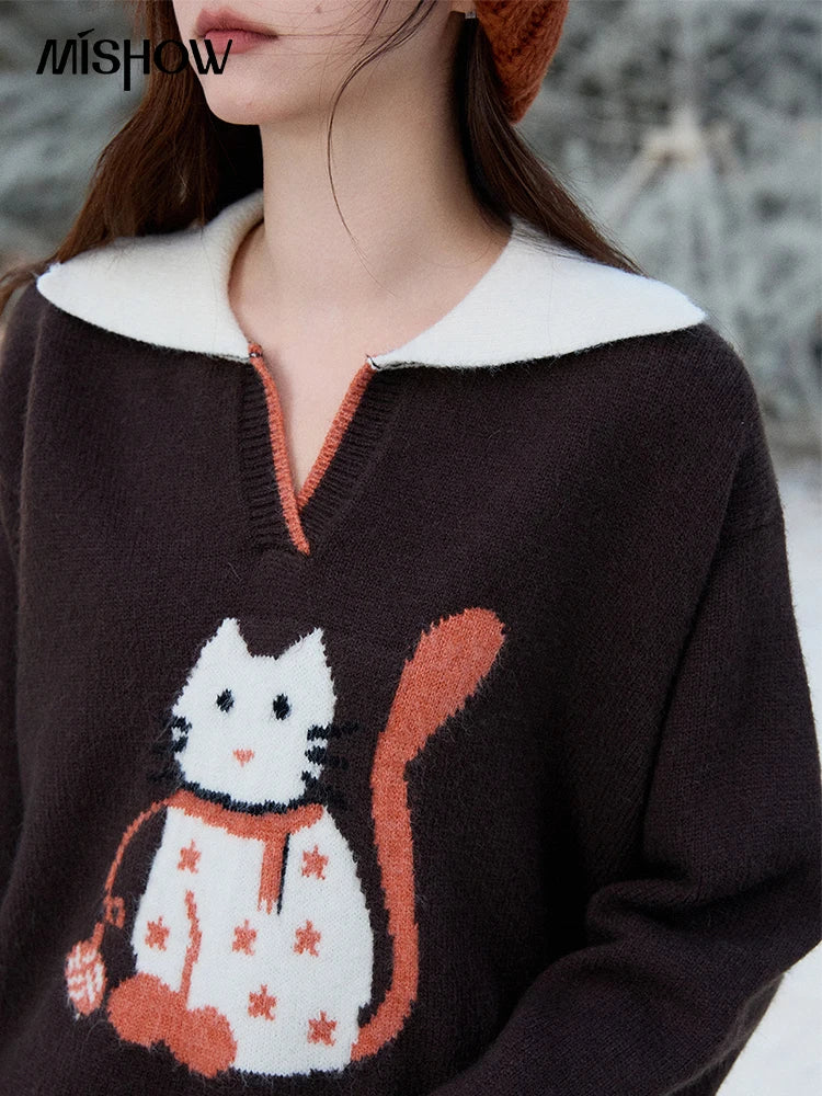 Mishow Retro Arctic Fleece Color Block Cat Sweater MXE90Z2835