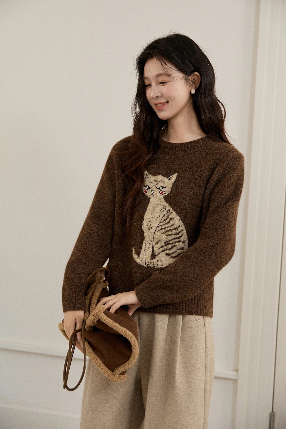Mishow Brown Cat Pattern Jacquard Pullover MXE94Z2991
