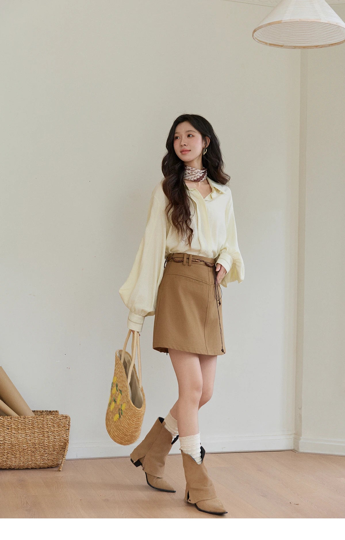 MISHOW Lapel Lantern Sleeve Shirt Lace Trim Loose MXF13C2436