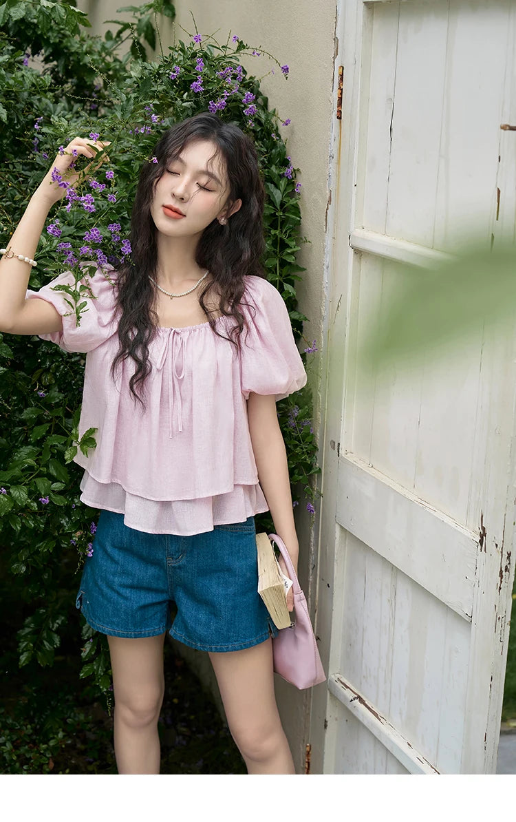 MISHOW Square Neck Blouse Tied Lantern Sleeve Double Layered Hem MXD26X1551