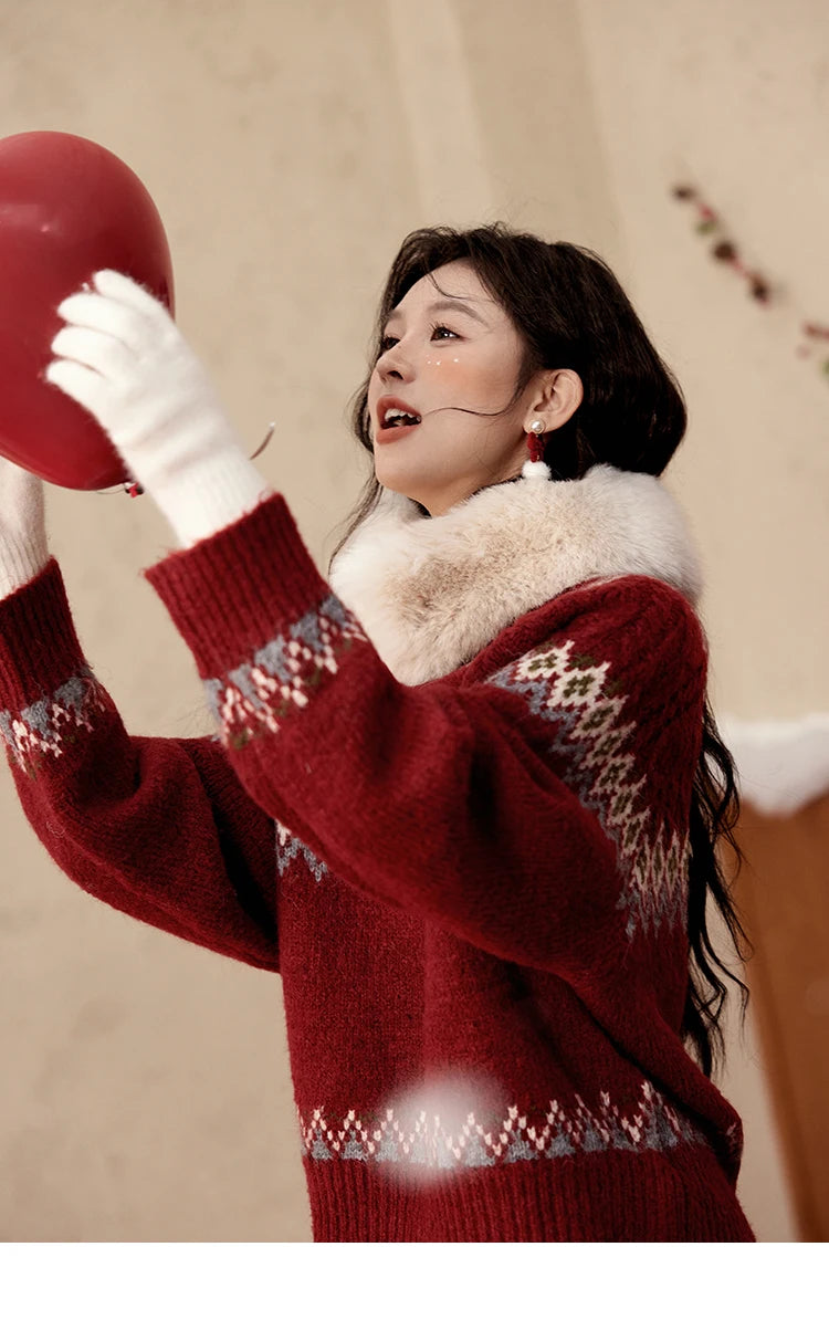 Mishow Red Fair Isle Raglan Sleeve Sweater MXD58Z1035