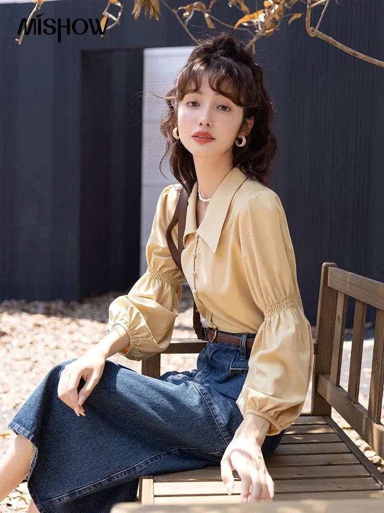 MISHOW Vintage French Lantern Sleeve Blouse Turndown Collar MXB32C0508