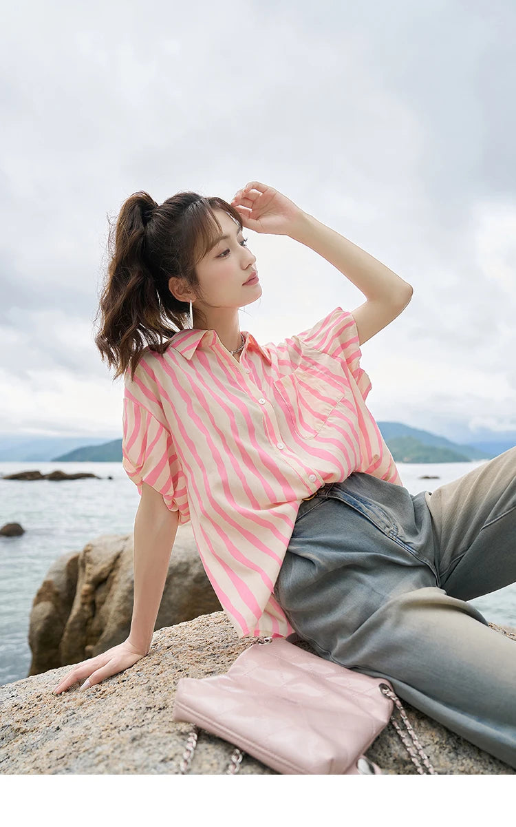 MISHOW Women's Striped Puff Sleeve Polo Neck Shirt MXC38C0072