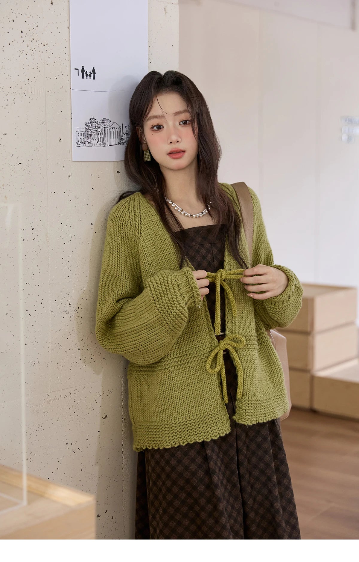 Mishow Avocado Green Lantern Sleeve Lace-Up Cardigan MXE51Z2694