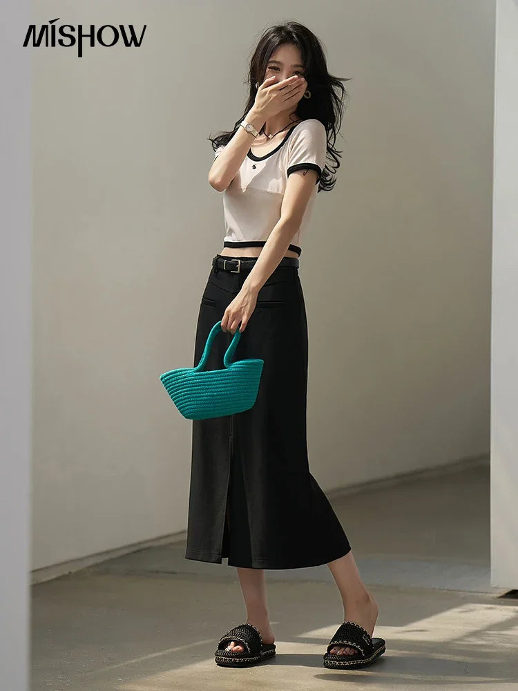 MISHOW Suit Straight Midi Skirt High Waist Slim Front Fork Rear Elastic MXC15B0026