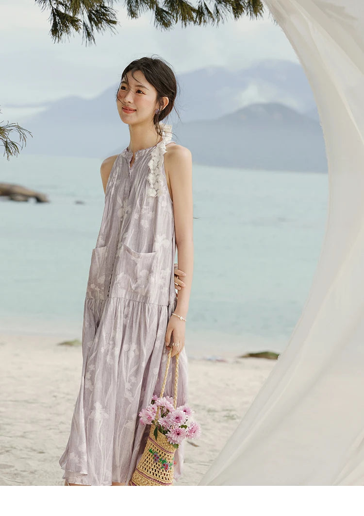 Mishow Purple Print Chiffon Stand Collar Dress MXE32L2163