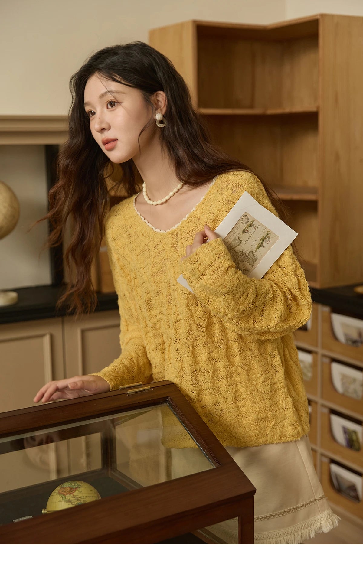 Mishow Bamboo Loop Yarn Hollow V-Neck Lace Sweater MXE43Z1349