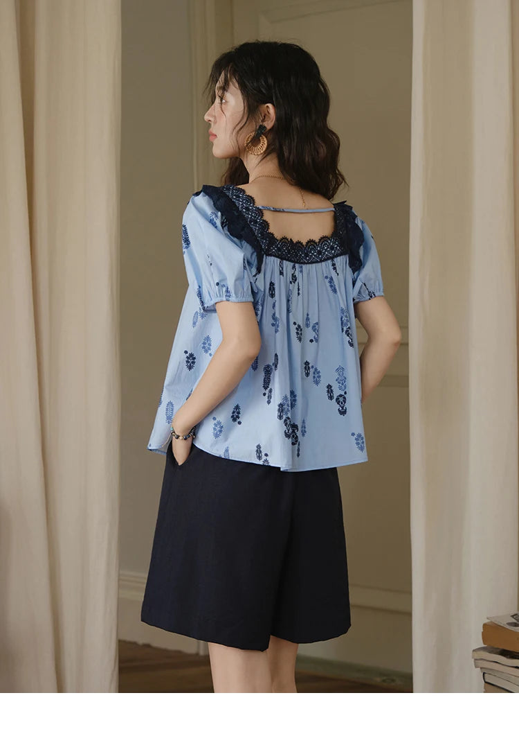 MISHOW Print Cotton Shirt Puff Sleeve Lace Splicing MXE35X1842