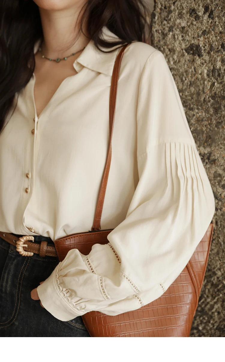 MISHOW Women's Lantern Sleeve Hollow Out Shirt Lapel Solid Top MXE41C2359