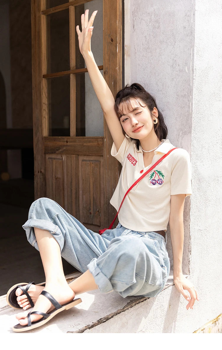 Mishow Korean Polo Collar Embroidery Letter Tee MXB32T0477