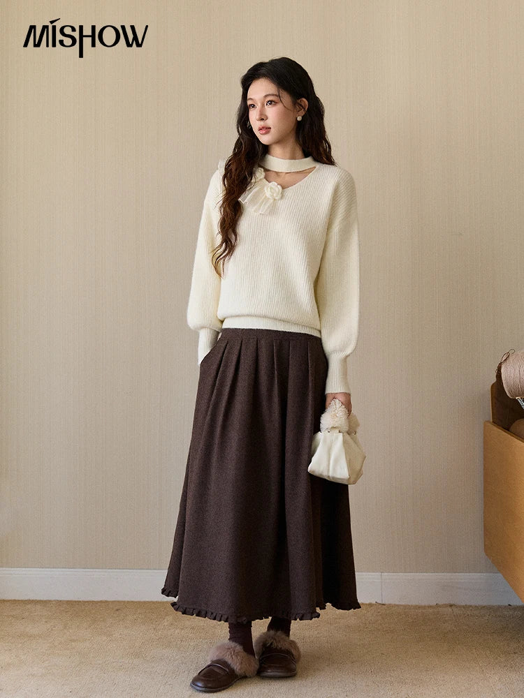 Mishow Cutout Neck Ruffle Flower Lantern Sleeve Pullover MXE94Z2982