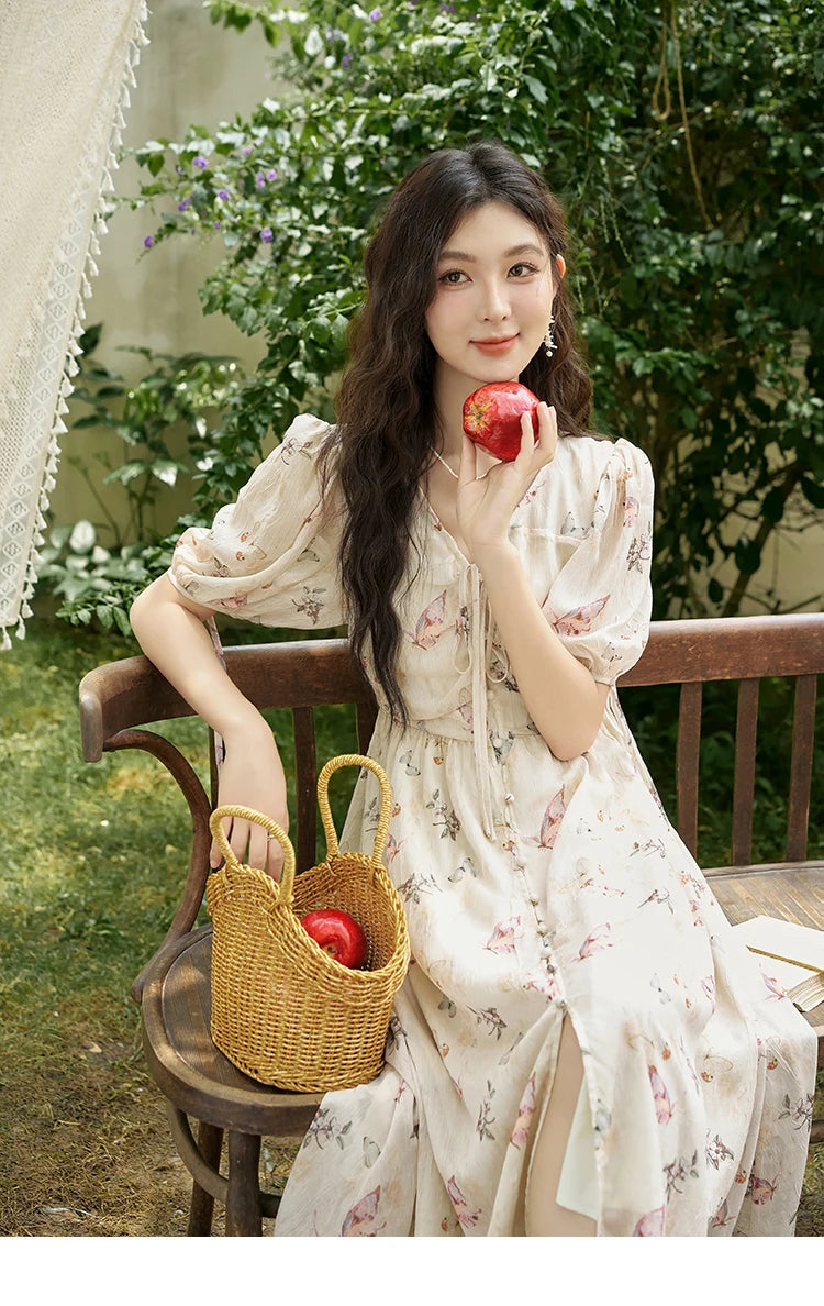 Mishow Butterfly Print V-Neck Lace-Up Bubble Sleeve Dress MXD15L1778