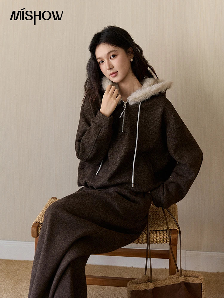 Mishow Brown Faux Fur Hood Sweatshirt & Wide Leg Pants Set MXE94T1476