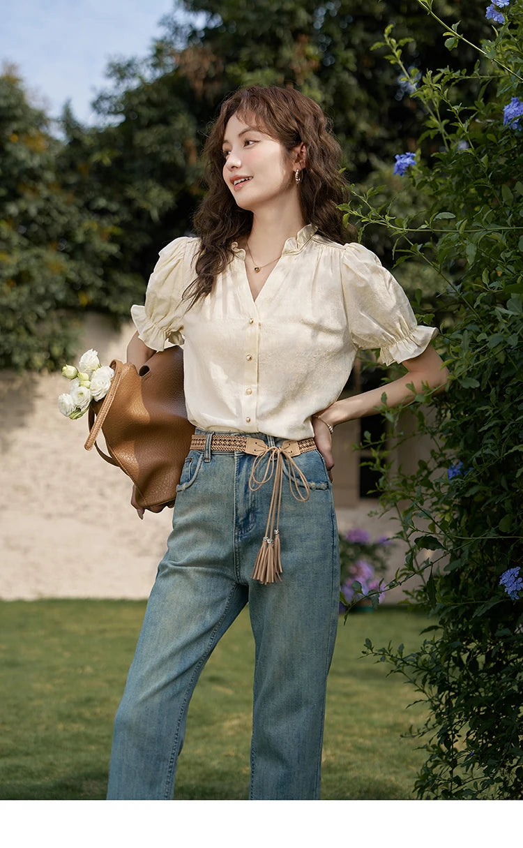 MISHOW Denim Suspender Dress & Puff Sleeve Blouse Set MXD21L1664