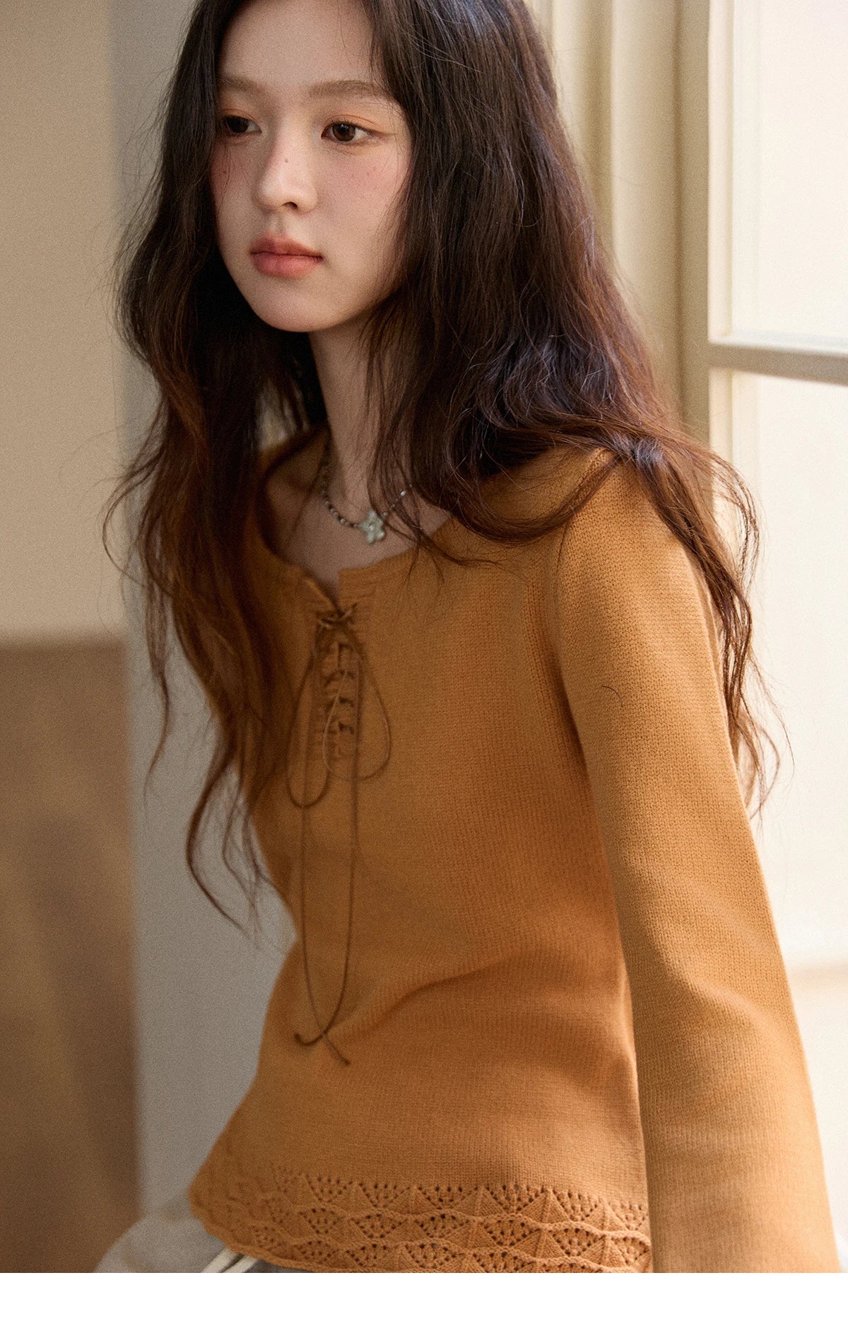 Mishow Beige Contrast French Hem Crochet Sweater MXE89Z2634