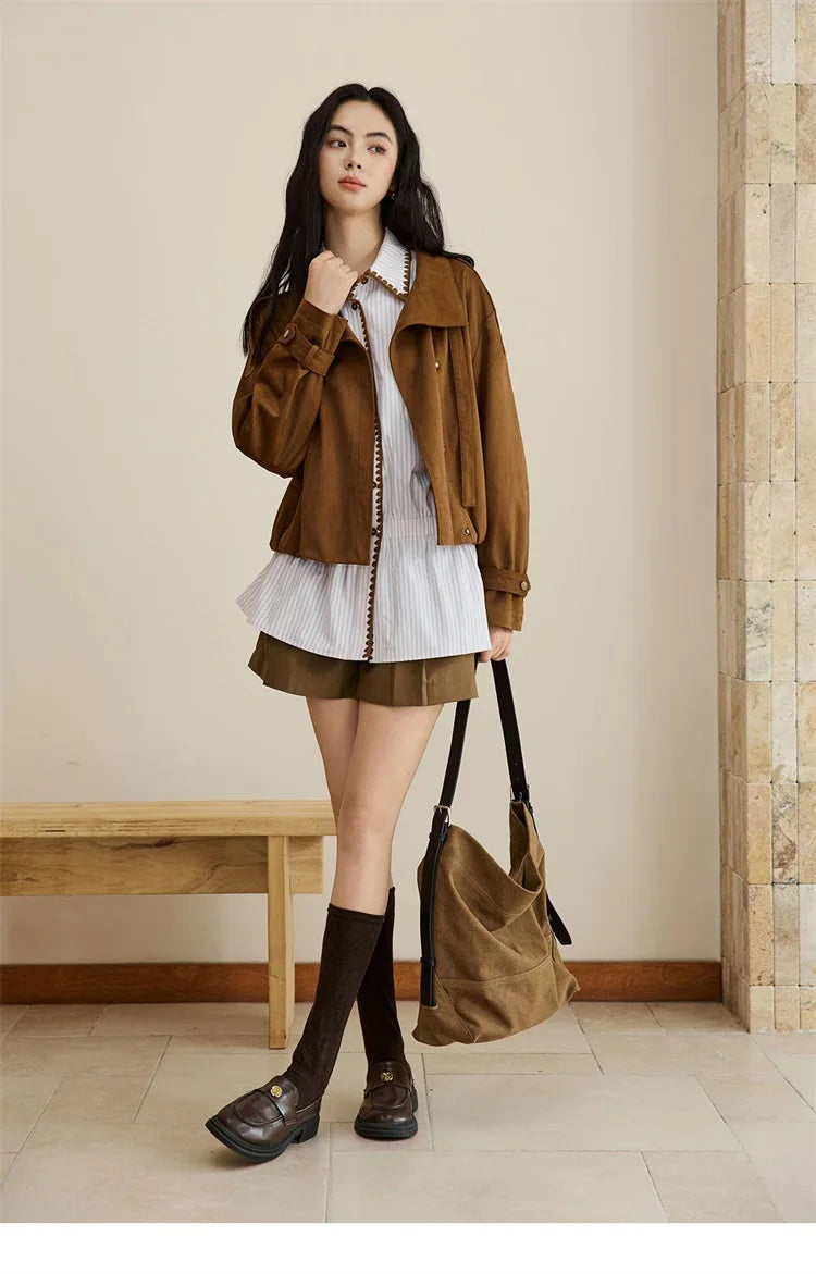 MISHOW Vintage Suede Short Jacket Brown Lapel Zipper MXE45W0869