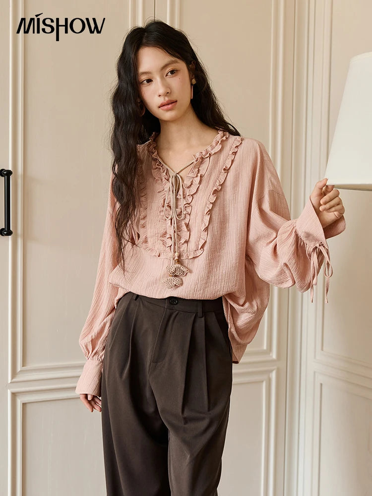 MISHOW Pink Blouse V-Neck Bubble Sleeve Fold Edge MXE45X2485