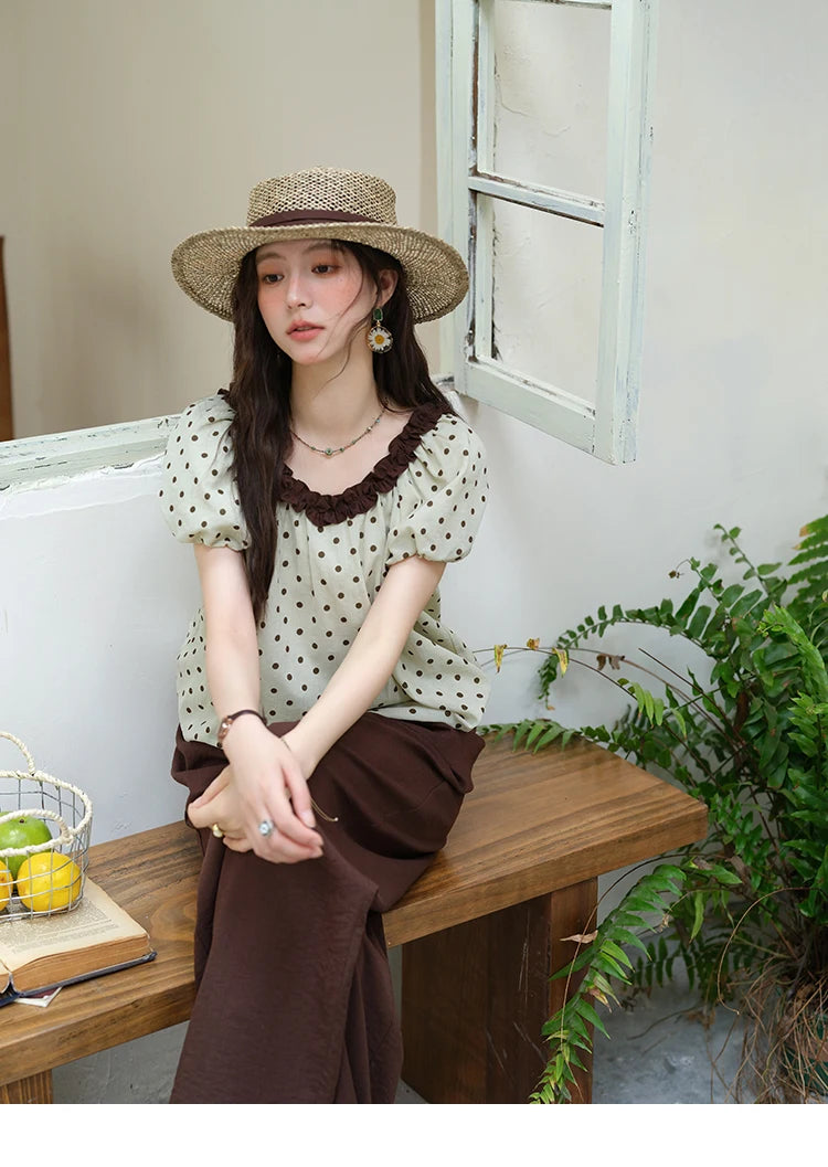 Mishow Polka Dot Puff Sleeve Top & Wide Leg Pants Set MXE39T0657