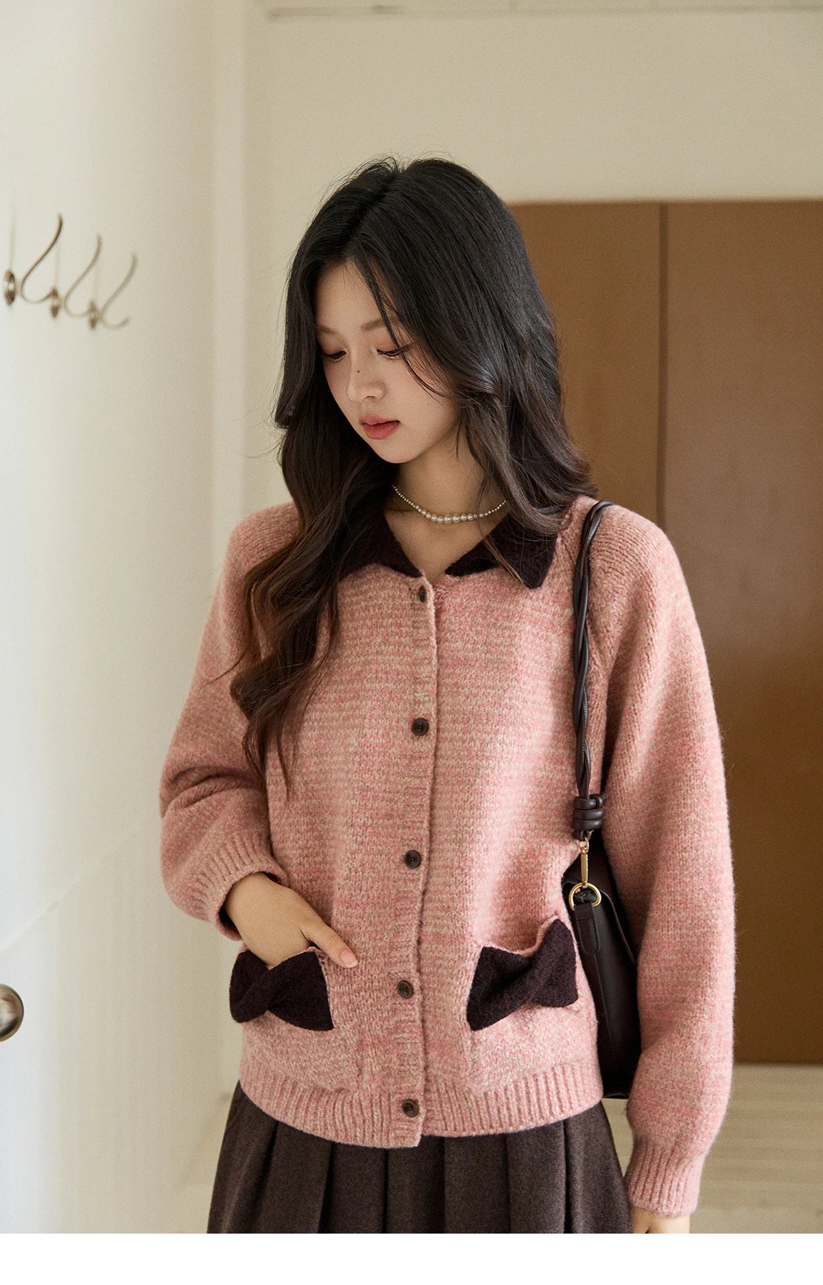 Mishow Pink Contrast Collar Bow Pocket Cardigan MXE94Z2957