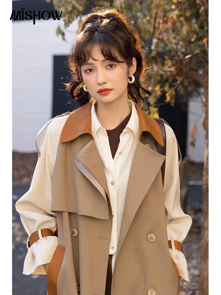 Mishow Khaki Contrast Color Spliced Trench Coat MXB31W0367