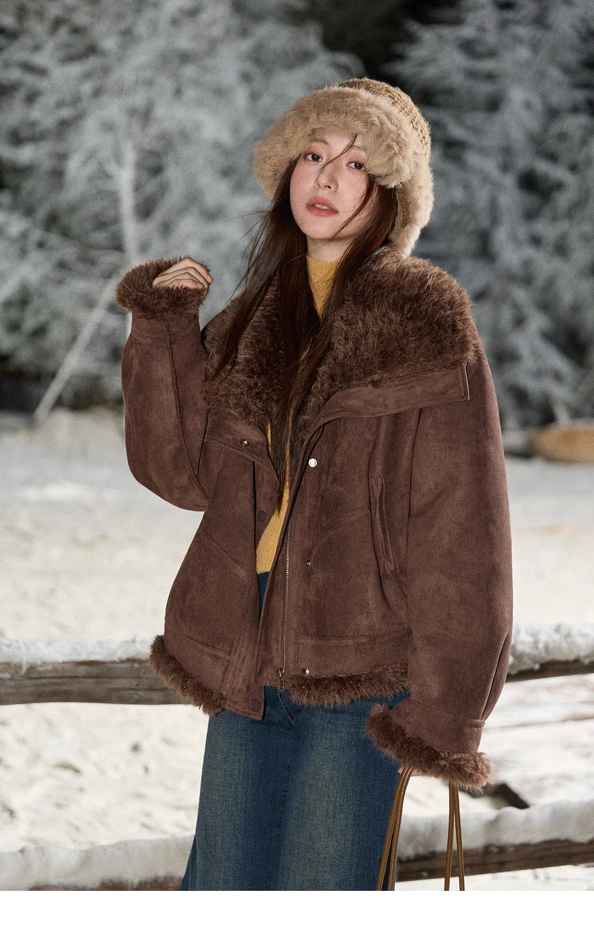 MISHOW Blue Plush Jacket Turn-Down Collar Zip-Up Loose MXE87W0917