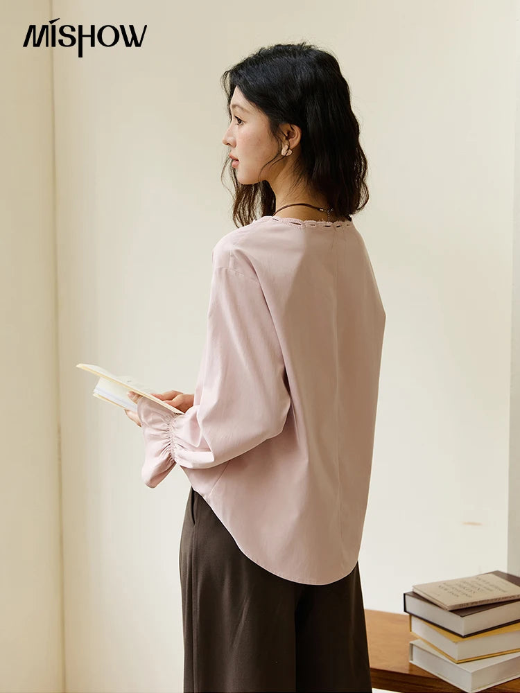 MISHOW French Style Hollow Out V-Neck Pink Blouse Long Sleeves MXE48X2502