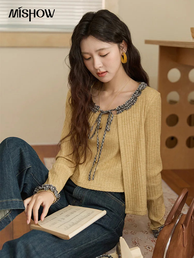 Mishow Plaid Black Fungus Edge Fake Two-Piece Sweater MXE44Z1361