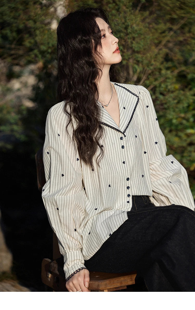 MISHOW Striped Bubble Sleeve Shirt Love Embroidered MXE12C0390