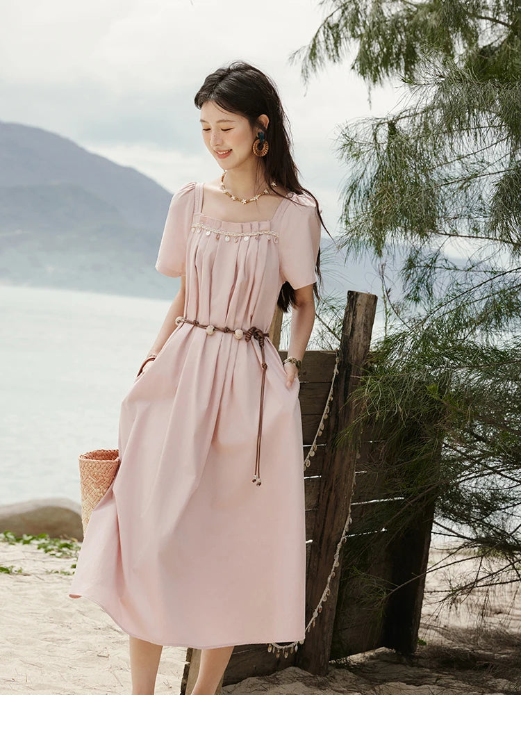 Mishow Bohemian Pink Square Collar Belt Dress MXE33L2158