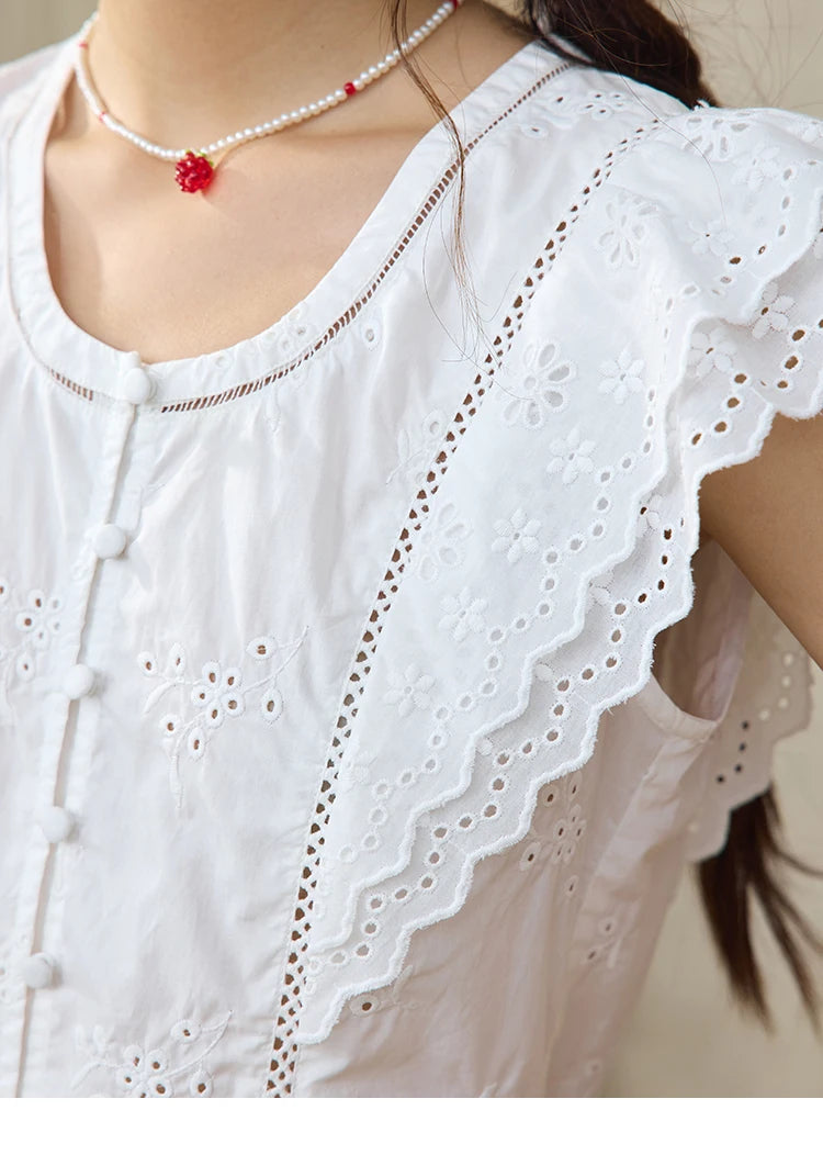MISHOW Flying Sleeve Cotton Blouse Hollow Lace Slim Waist MXE36X1844