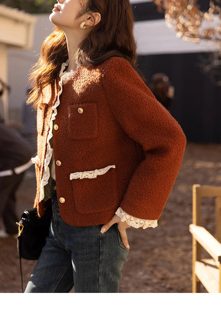 MISHOW Wool Coat Lace Splicing Lamb Wool Button Pockets MXB43W0720