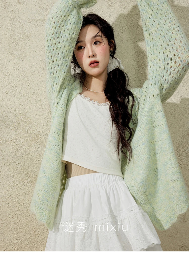 Mishow Green Hollow Out Wave Neck Cardigan MXE12Z1212