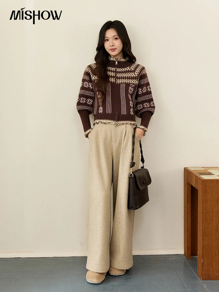 Mishow Brown Fair Isle Lantern Sleeve Zipper Top MXE91Z2868