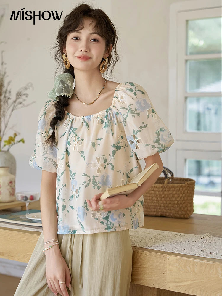 MISHOW Floral Hollow Blouse Square Collar Puff Sleeve MXD29X1602