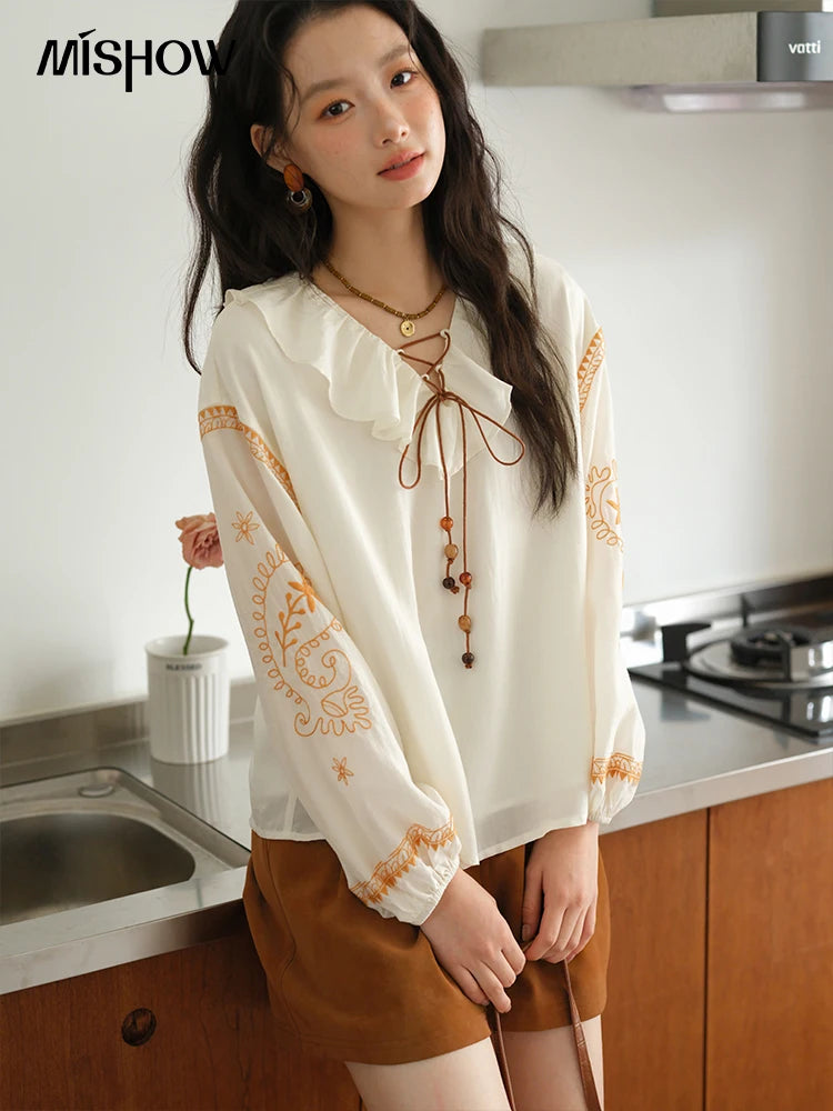 MISHOW Embroidered Blouse Ruffle V-Neck Lace Up MXE43X1987