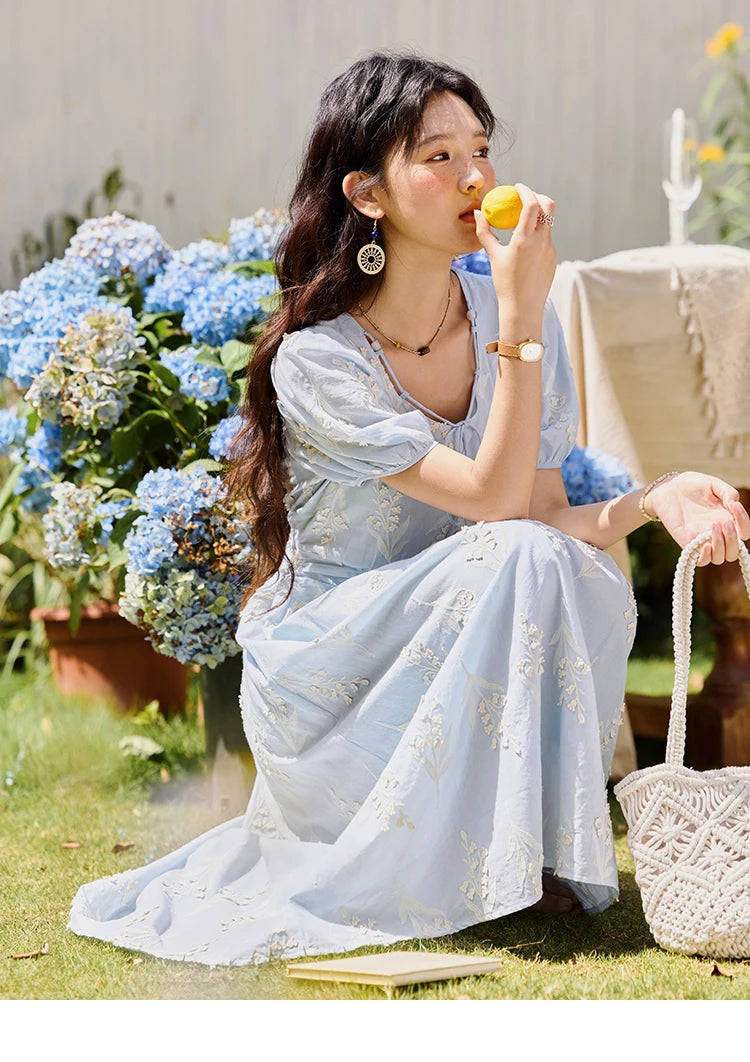 Mishow Blue Square Neck Bubble Sleeve Cotton Dress MXE35L2234