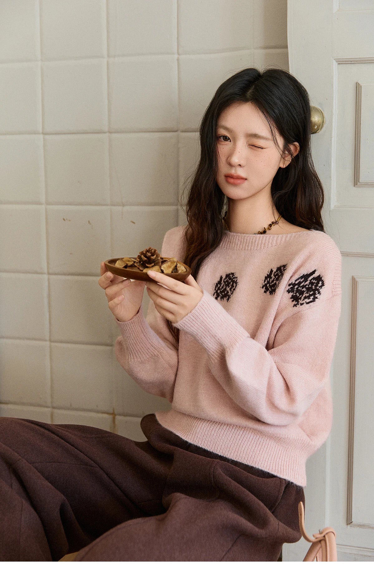 Mishow Pink Jacquard Lantern Sleeve Drop Shoulder Sweater MXE91Z2775