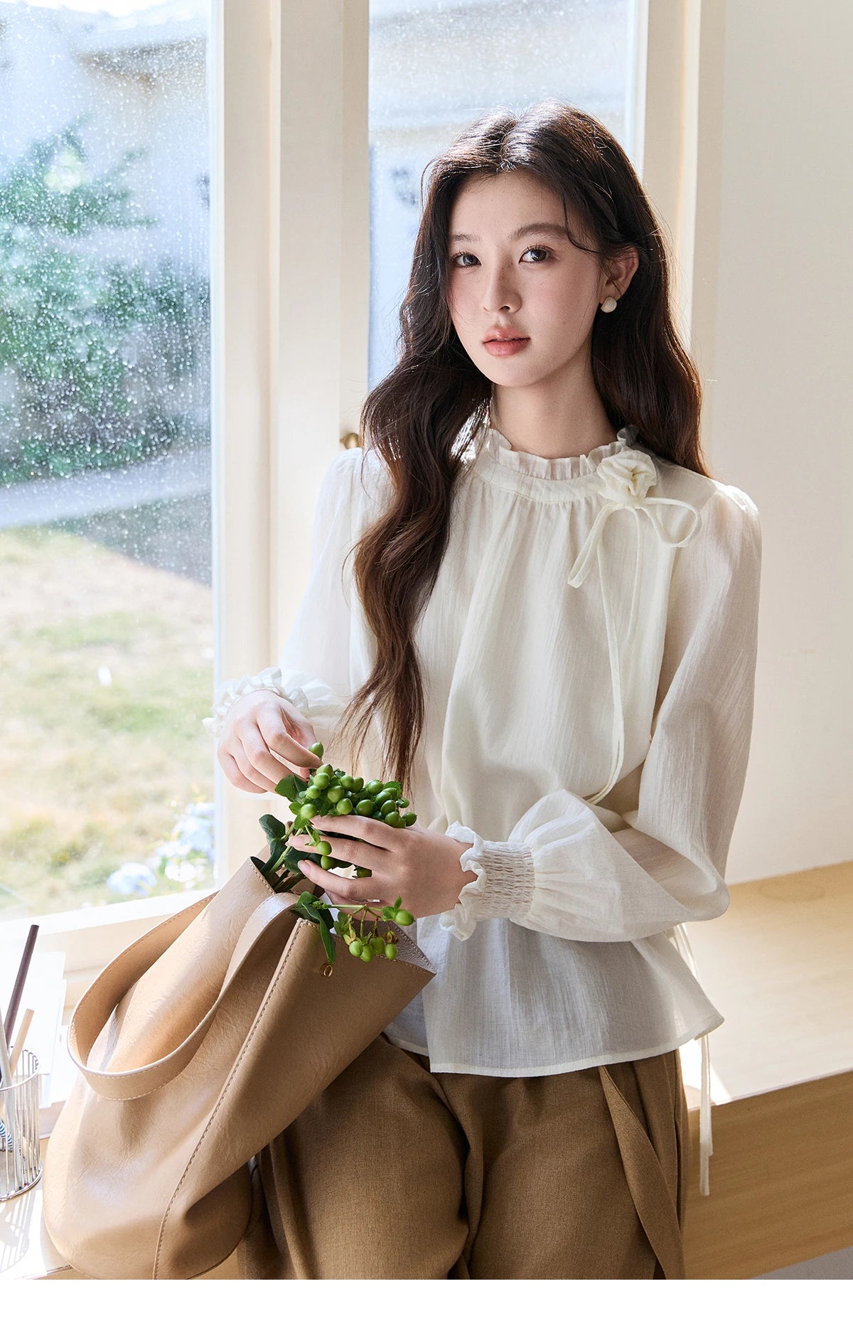 MISHOW Ruffled Stand Collar Blouse Drawstring Waist Puff Sleeve MXF11C2428